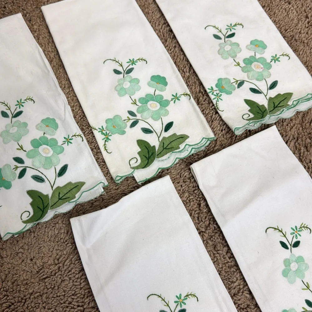 Vintage Mid Century Hand Embroidered Handmade Napkins Green White Floral Flowers